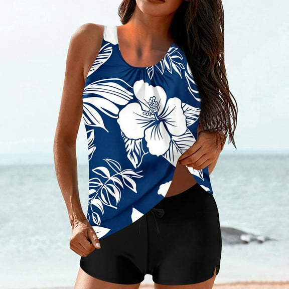 Caywon Women's 2-Piece Sporty Swimsuit Set Sleeveless Tank Top with Shorts Random Print Quickly-Dry Breathable Lightweight Bathing for Beach Pool Vacation Summer