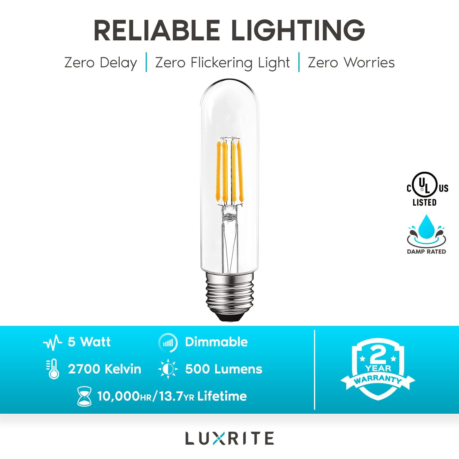 Luxrite 6-Pack T10 LED Bulb 5W=60W 2700K Warm White Edison Bulb 500 Lumens Tubular Light Bulb Damp Rated UL Listed E26