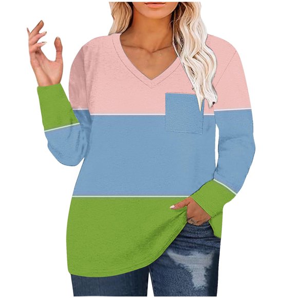 Womens Tops Summer,Tops for Women Casual Summer,Womens Daily V-Neck T-Shirt Solid Color Pullover Long Sleeved Top,Tops for Women,Womens Tops Casual