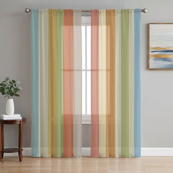 Colorful Striped Sheer Curtains 96 Inch Length 2 Panels Set, Vintage Farmhouse Vertical Stripes Voile Window Treatment Semi Sheer Long Curtains Drapes for Bedroom/Living Room/Kitchen 52"x96"x2