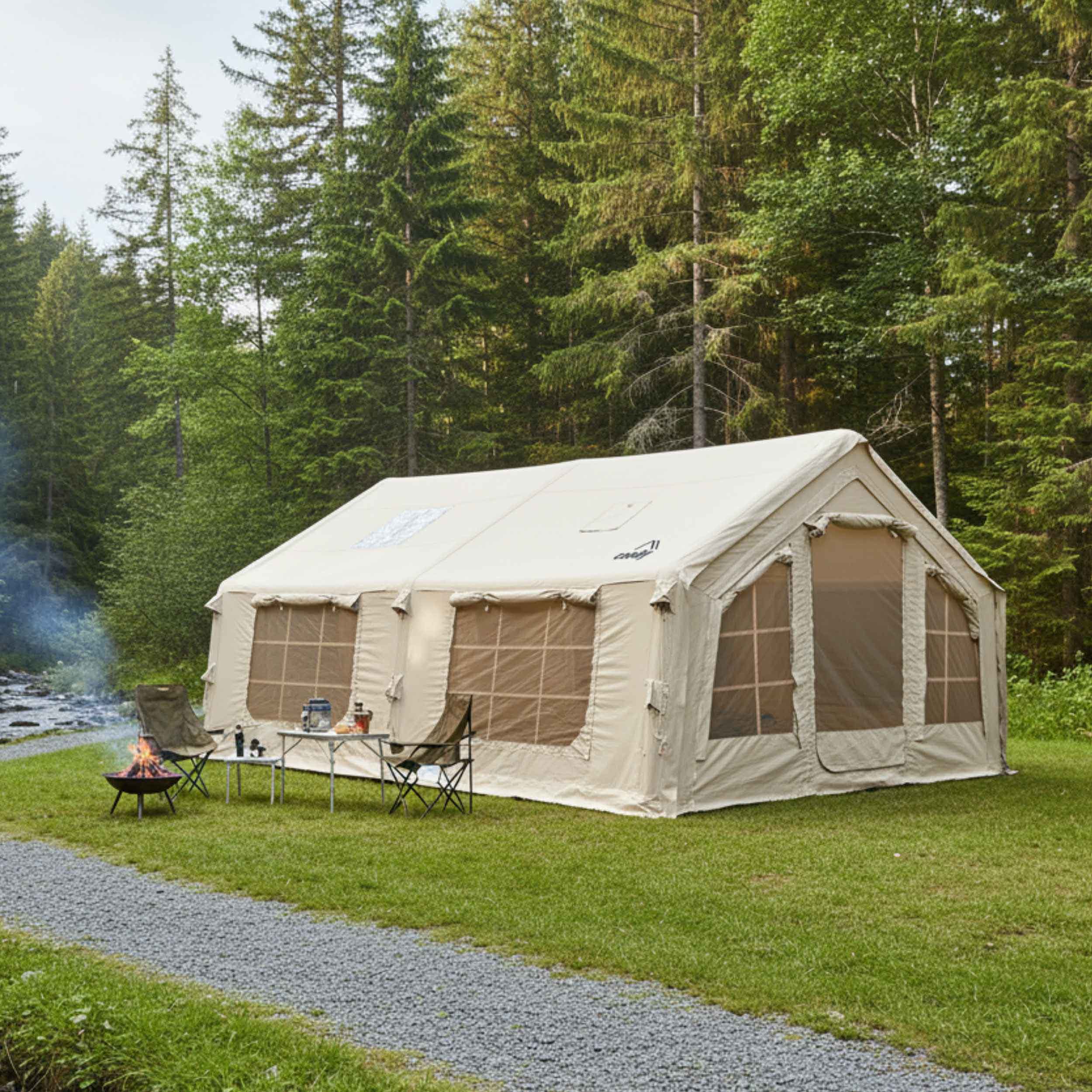 Coody 17.2 (Begie, Large) Inflatable Tents for Camping with Stove Jack, 2-10 Person Luxury Canvas Blow Up Tent, 2 Room, Easy Setup Large Inflatable House with Pump