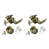 Antique Brass Entry Lock Set Door Lever Handle and Deadbolt Keyed Alike