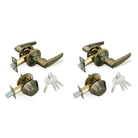 Antique Brass Entry Lock Set Door Lever Handle and Deadbolt Keyed Alike