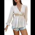thumbnail image 2 of Blusa Cruzada con Cuello en V y Mangas Largas Abullonadas para Mujer, Camiseta Informal con Dobladillo con Volantes para y Verano. Albaricoque S, 2 of 10