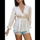 thumbnail image 2 of Blusa Cruzada con Cuello en V y Mangas Largas Abullonadas para Mujer, Camiseta Informal con Dobladillo con Volantes para y Verano. Albaricoque L, 2 of 10