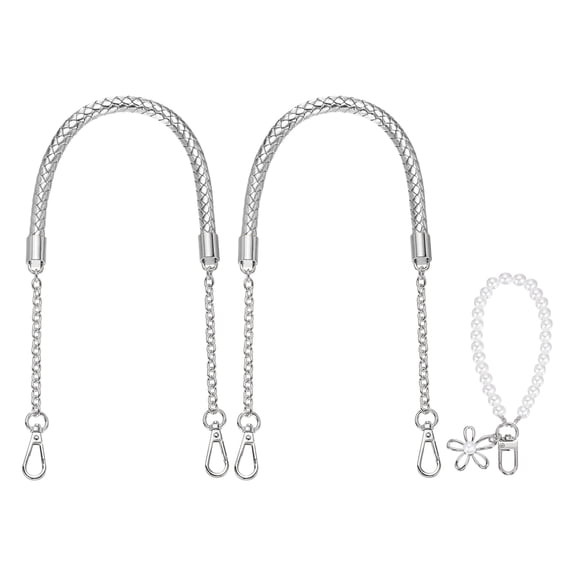 Uxcell 2 Pcs PU Leather Chain Purse Strap, 23.6 Inch Braided Purse Handles Replacement Strap with Pearl Pendant for Tote Bag Handbag Underarm Bag (Silver, Silver Chain)