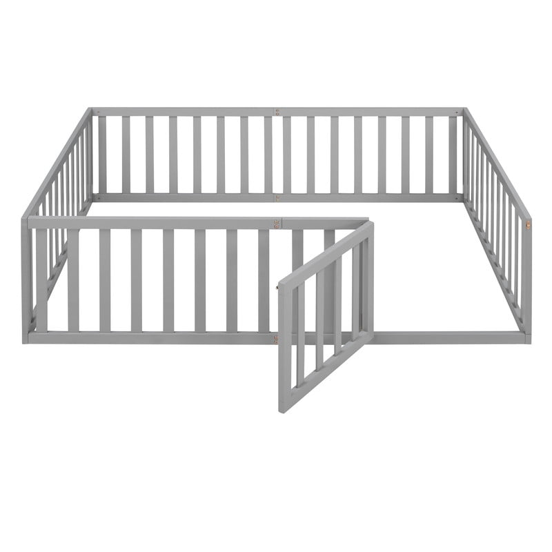 Full Size Floor Bed Platform Bed with Fence and Door, Wooden Montessori Bed Toddler Bed Kids Playhouse Bed with Guardrails for Boys Girls, No Slats