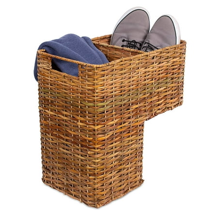 Stair Wicker Basket BIRDROCK HOME Stair Basket for Staircases | Wicker Woven Storage Bin for Stairs | Natural Brown Organizer Baskets | Cut Out Handles | Reduce Clutter ()