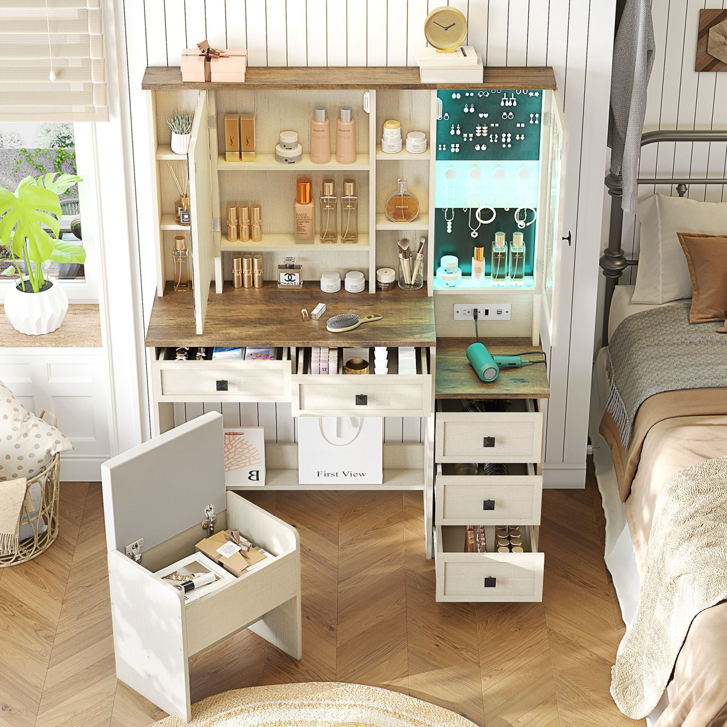 Farmhouse Vanity Desk with Mirror and Lights, Makeup Vanity Set with Lights & Jewelry Cabinet & 5 Drawers, Vanity Table with Charging Station, Hidden Storage Space for Bedroom, Antique White