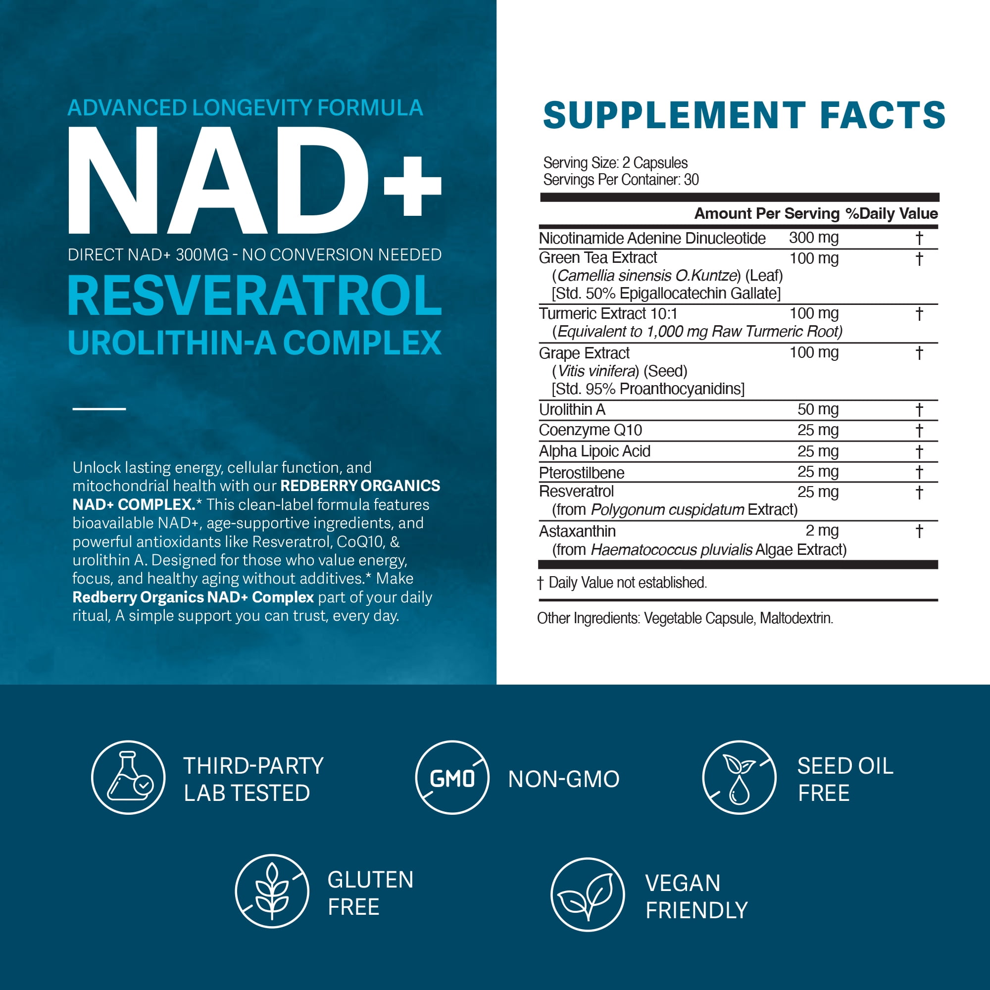 Redberry Organics NAD+ Complex Supplement | Direct NAD Plus | Advanced Longevity & Cellular Energy Formula with Urolithin A & Resveratrol | NMN Alternative | Made in USA