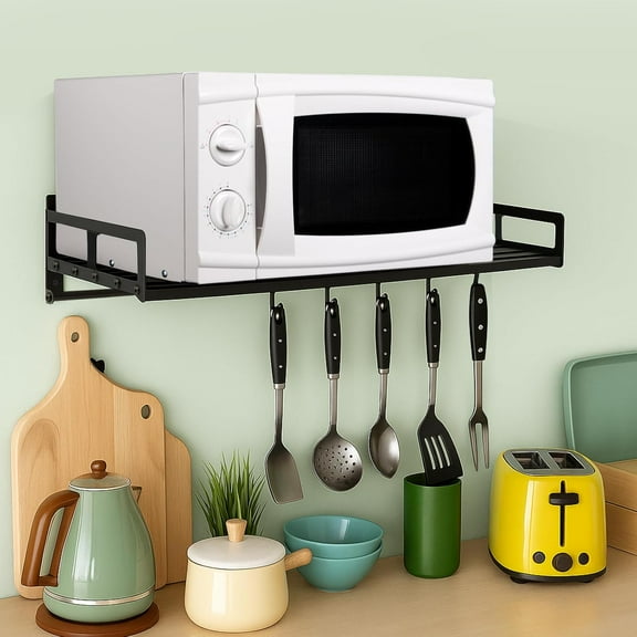 Microwave Wall Mount, 23.5'' x 15'' Black Carbon Steel Shelf Oven Rack with Hook Rail for Kitchen Storage
