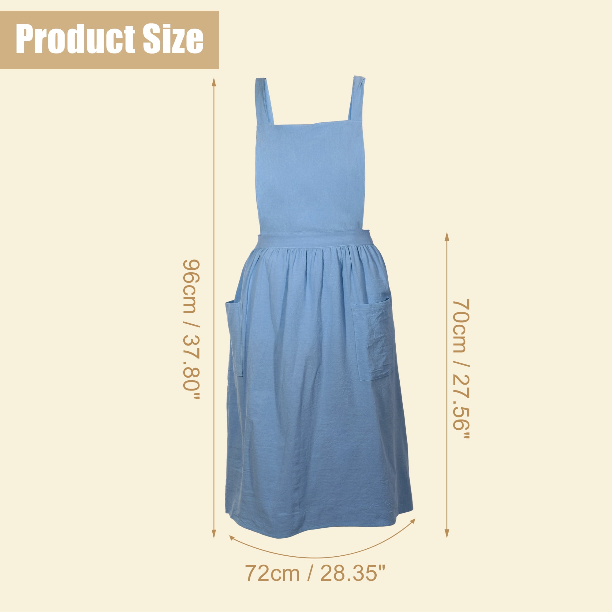 Unique Bargains Cotton Linen Cross Back Apron with Pockets Blue
