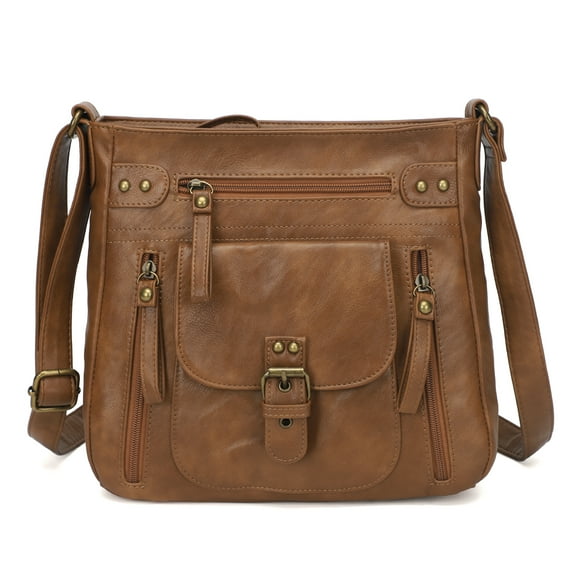 KL928 Leather Crossbody Bag with Adjustable Strap Multi-Pockets Shoulder bag for Everyday Use,Brown
