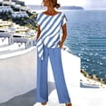 thumbnail image 2 of Women's 2 Piece Casual Outfit Diagonal Striped Asymmetrical Short Sleeve Top with Solid Color Elastic Waist Wide Leg Pants Breathable Daily Matching Set Blue M(M), 2 of 5