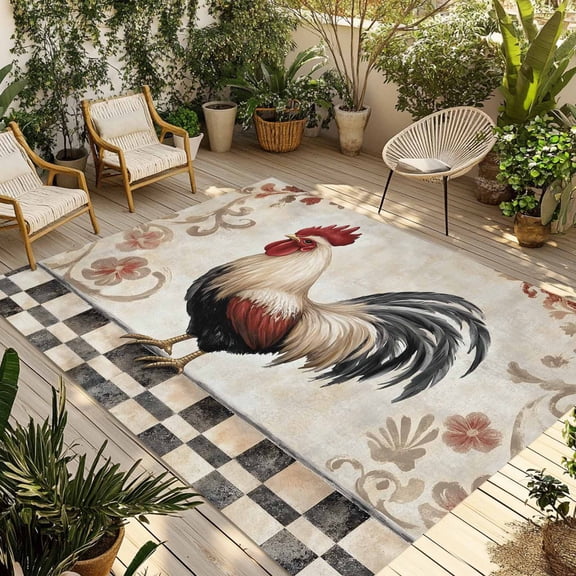 White Retro Rooster Outdoor Rug 3x5 Ft - Reversible Patio Rug Outdoor Camping Rugs, Watercolor Pastoral Animals Plaid Washable Indoor Outdoor Area Rugs, Non-Slip Outdoor Carpet Runner for Deck/Porch