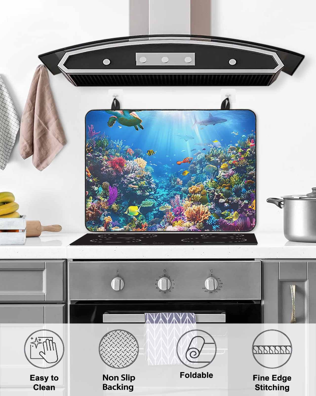 nqOlkjepod Large Induction Cooktop Protector Mat 24"x21", Turtle Blue Stove Top Covers for Electric Stove, Ocean Coral Shark Fish Underwater Scenery Stove Burner Cover Mats, Glass Top Stove Cover