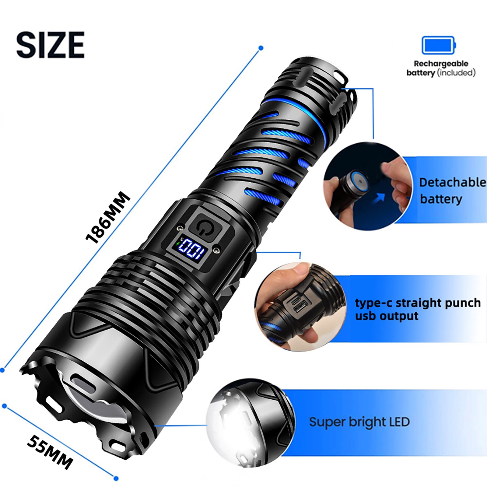 Juyafio Rechargeable Flashlight, 300,000 High Lumen,5 Light Modes, USB-C Fast Charging, Waterproof Portable Flashlight for Camping, Emergency, Home and Outdoor Use