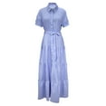 thumbnail image 4 of VUPSGEZ Women Dress Stripe Print Turn Down Collar Short Sleeve High Rise Maxi Dress (Blue,M), 4 of 6
