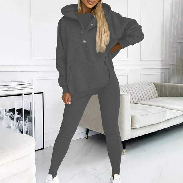 Sales Or Clearance Two Piece Sets For Women Summer ZVAVZ Women Solid Color Matching Set Outfits Buttons Down Hooded Pullover Sweatshirt Slim Fit Elastic Wasit Legging Two Piece Outfit