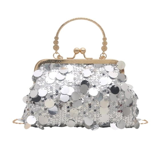 Retro Sequined Crossbody Bag for Women - Stylish Clip-top Evening Handbag with Chain Strap, Silver