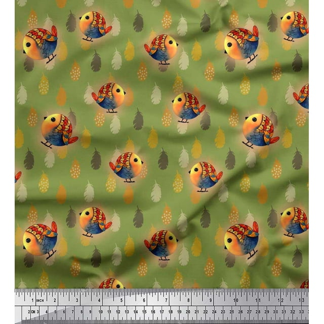 Soimoi Polyester Crepe Fabric Feather & Bird Cartoon Fabric Prints by Yard 52 Inch Wide