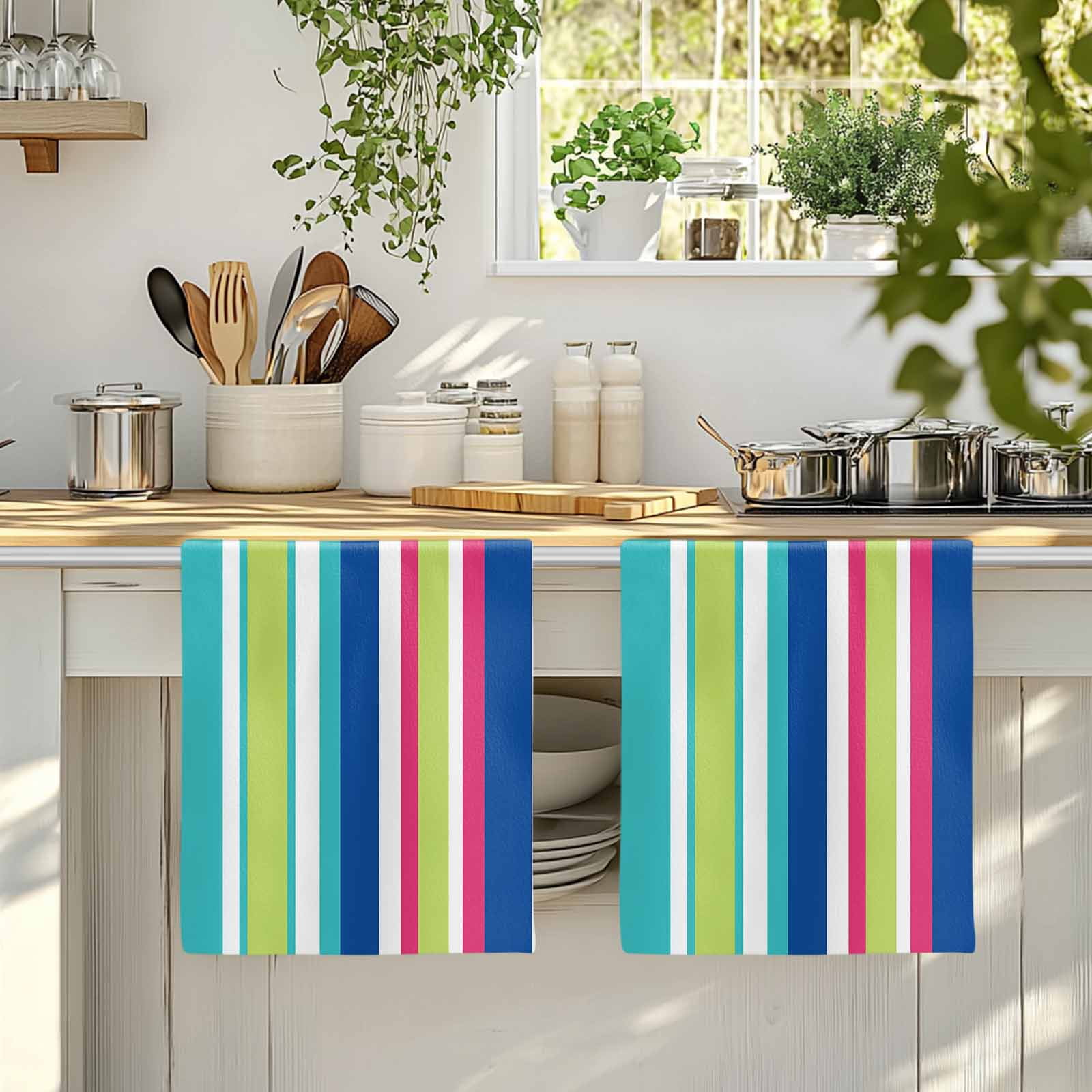 Dish Towels, Pink Blue Green Stripes Absorbent Kitchen Towels 2 PCS, Vertical Striped Lines Microfiber Hand Towels Dish Cloths Tea Towels for Home&nbsp;Bathroom Cleaning Drying,18X28-Inch,