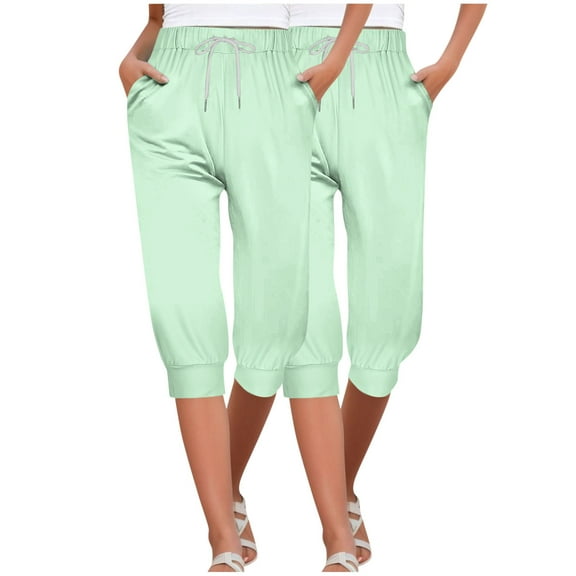 MIUOWANP Women's Cropped Pants Elastic Waist Solid Color Drawstring Pants with Pockets 2-Pack(Mint Green Mint Green) Size XXL(12)