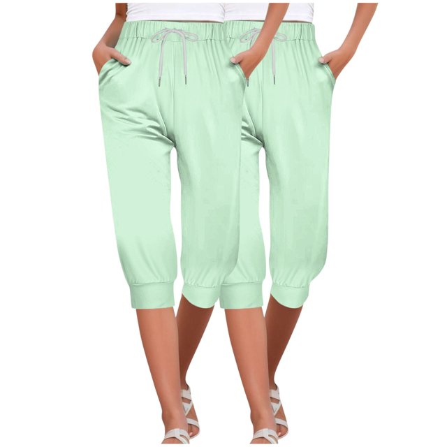 Timegard 2pc Capri Pants for Women Elastic High Waisted Drawstring Comfy Casual Crop Pants with Pockets