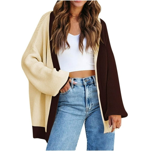jtjvou Women's Fall Color Block Vertical Striped Open Front Oversized Mid Long Cardigan Sweaters Coat Brown L