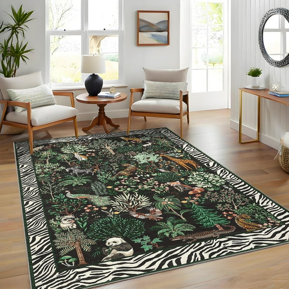 Hasoo Large Washable Rug 10' x 13' Area Rug for Living Room Modern Floral Jungle Plant Animal Non-Slip Neutral Indoor Decor Carpet, Black