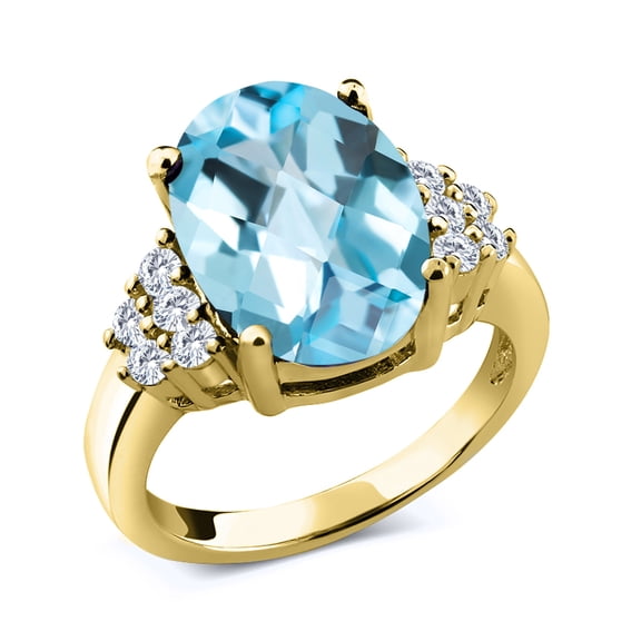 Gem Stone King 7.58 Ct Oval Checkerboard Sky Blue Topaz E-F Lab Grown Diamond 18K Yellow Gold Plated Silver Ring (Size 8)