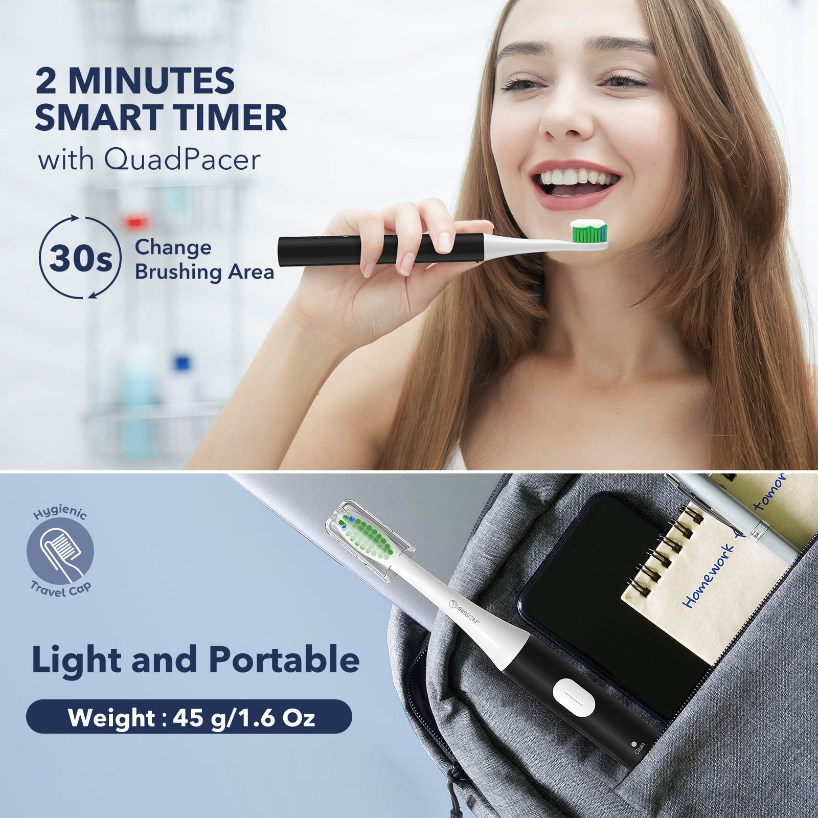 ARISSON Sonic Electric Toothbrush for Adults and Kids, 1.5H Fast Charge for 90 Days, 40,000 VPM Ultrasonic Electric Toothbrushes with 2 Mins Smart Timer, 1.6 Oz Travel Toothbrush, Azure Blue