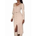 thumbnail image 3 of Women'S 2025 Fall Trendy Midi Sweater Dress Casual V Neck Long Sleeve Ribbed Knit Winter Bodycon Dresses White M, 3 of 9