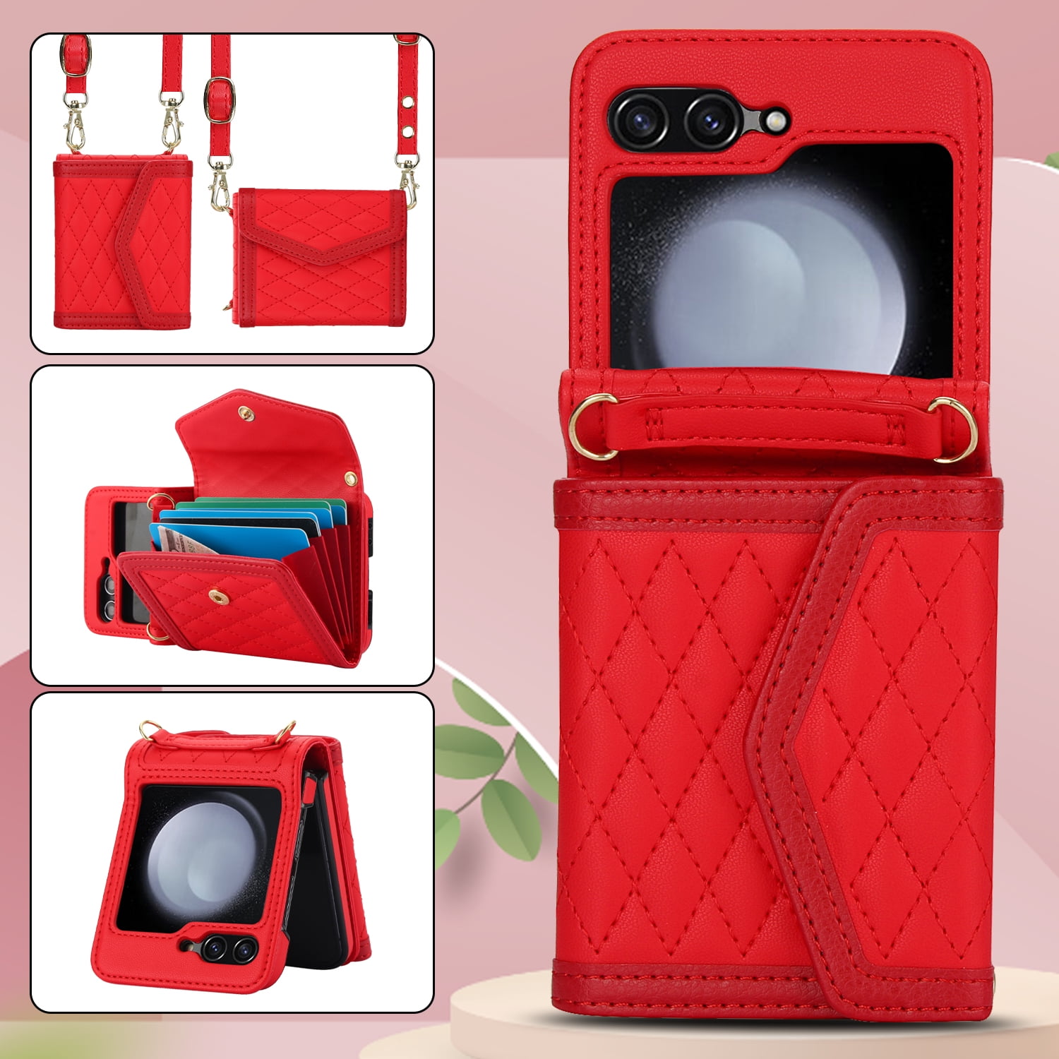 for Motorola Razr 60 / Motorola Razr 2025 Elegant Case Wallet for Women, 4 Card Holder & Shoulder Strap & Wristlet Flip PU Leather Phone Case with RFID Blocking, Red