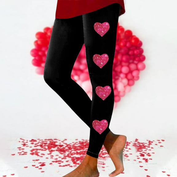 EQWLJWE Women's Valentines Day Leggings Love Heart Print Yoga Pants Elastic Waist Slim Fit Casual Workout Running Tights Valentines Day Gifts Black(S-3Xl)