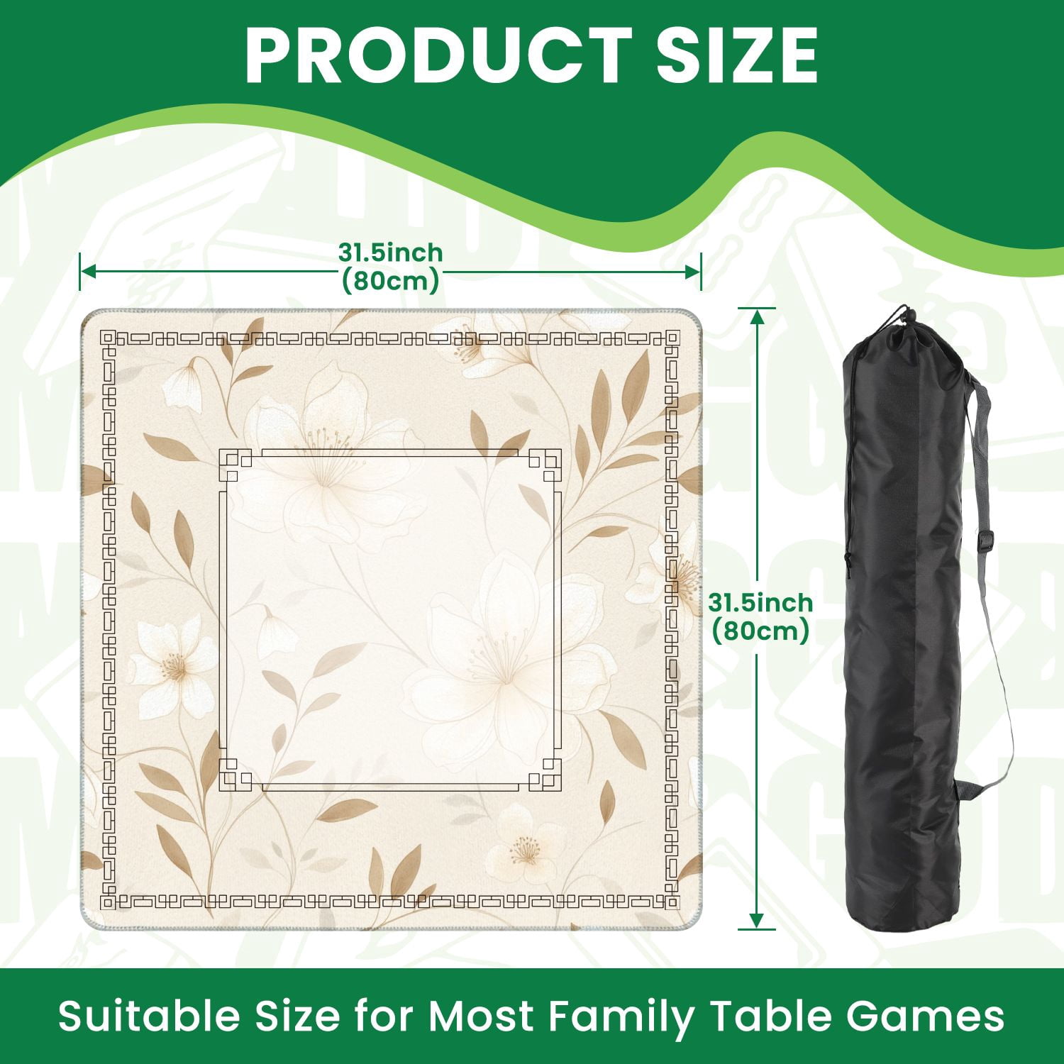 Mahjong Mat 31.5" x 31.5" Beige White Floral Delicate Leaves Elegant Blooms Non-Slip Noise Reduction American Mahjong Tiles Table Cover for Dominoes Poker Card Board Games Gift