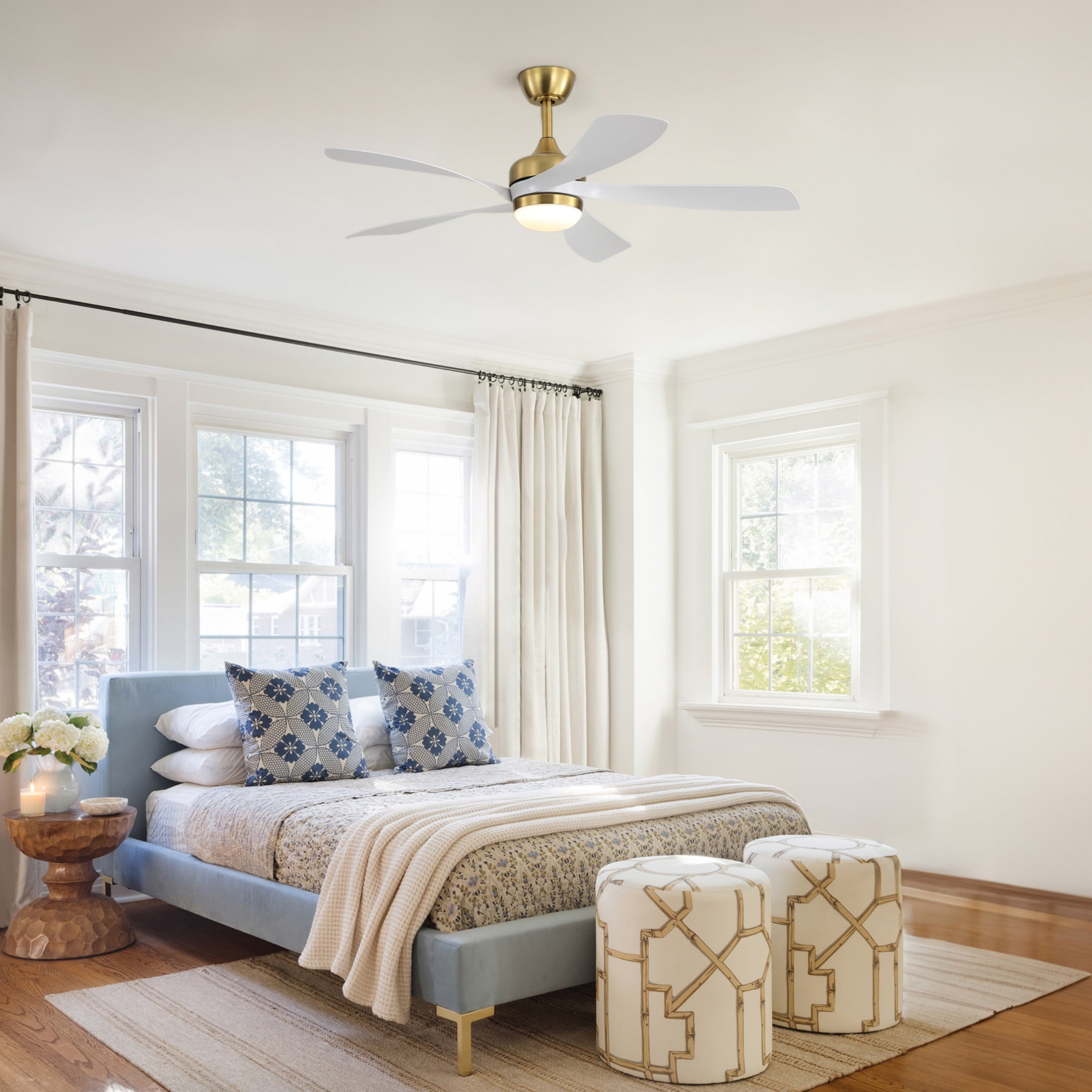 Sofucor 52" Modern Gold Ceiling Fan with Light, 5 White Blades, Quiet DC Motor, 6-Speed Remote Control, Reversible, Dimmable LED, Flush Mount for Bedroom Living Room