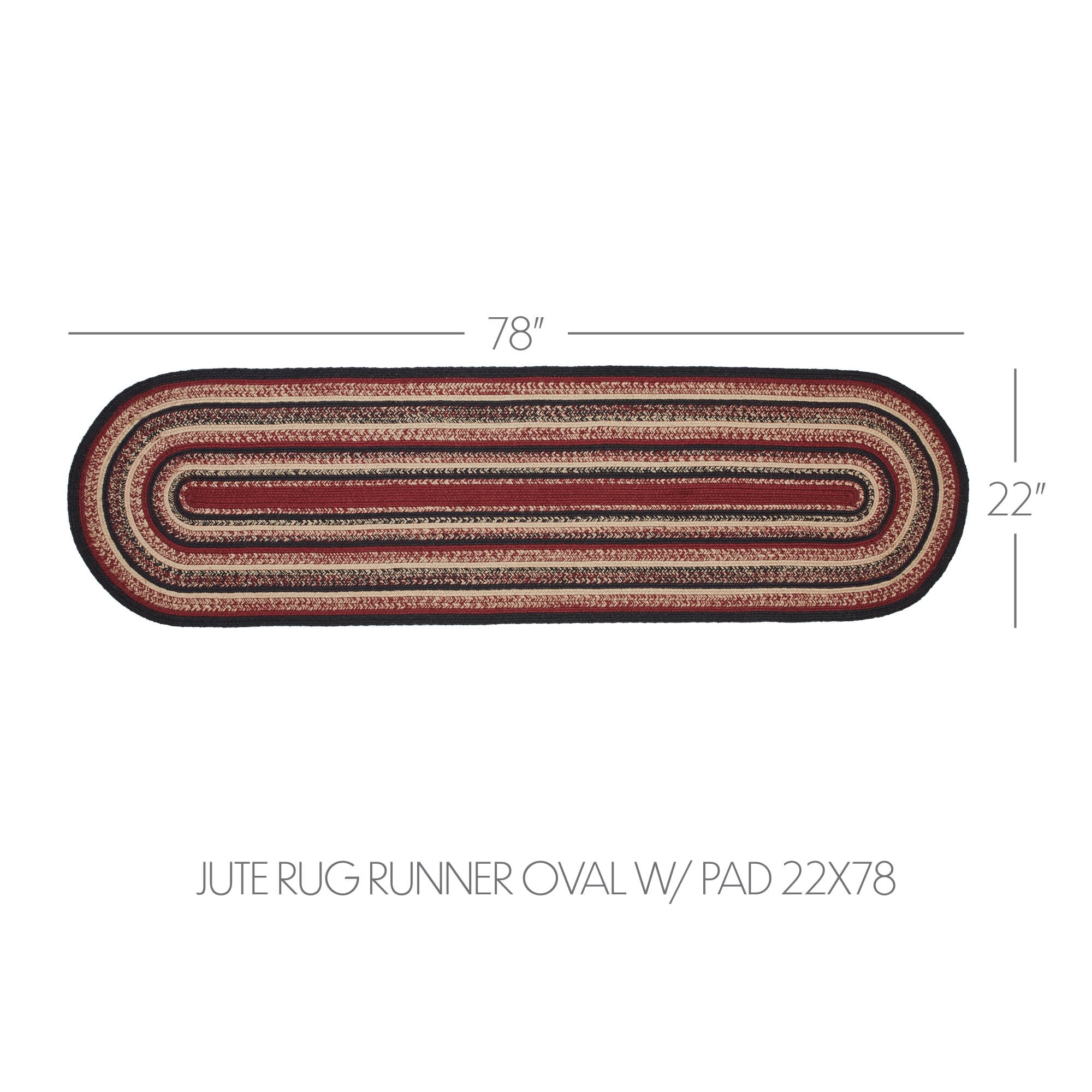 VHC Brands Jute Rug/Runner 22x78 w/Pad, Jute Area Rug, Accent Rug, Floor Decor, Braided, Connell Collection, Oval 22x78, Country Black