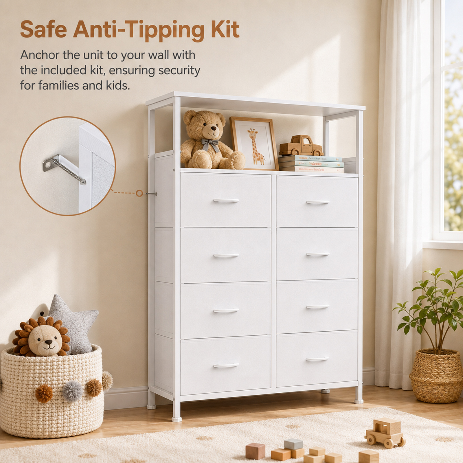 Alvantor 8-Drawer Fabric Dresser with Open Shelf, Chest of Drawers, Steel, MDF, Storage Organizer Unit, Closet, Entryway
