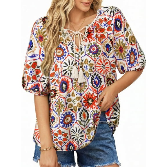 UVN Summer Tops for Women Short Sleeve V Neck Boho Casual Blouses Ladies Floral Print Tie Front Flowy Shirts