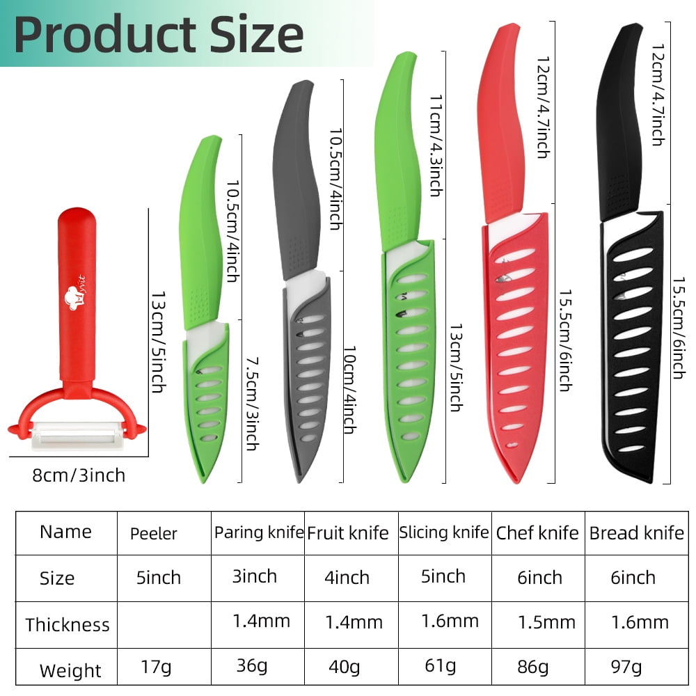 11-Piece Kitchen Knives Set with Peeler, Ceramic Knife 6-inch Serrated Bread Knife,6-inch Chef Knife, 5inch Utility Knife,4-inch Paring Knife and 3-inch Peeling Tool