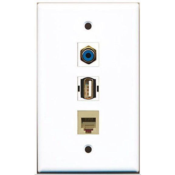 RiteAV - 1 Port RCA Blue and 1 Port USB A-A and 1 Port Phone RJ11 RJ12 Beige Wall Plate