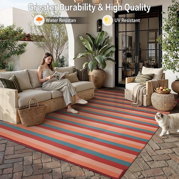 BERTHMEER 6'x9' Outdoor Plastic Straw Rugs Clearance,Waterproof Patio Rug Reversible for Deck,RV,Camping,Beach,Picnic,Porch,Garden and Balcony,Red&Orange Stripes