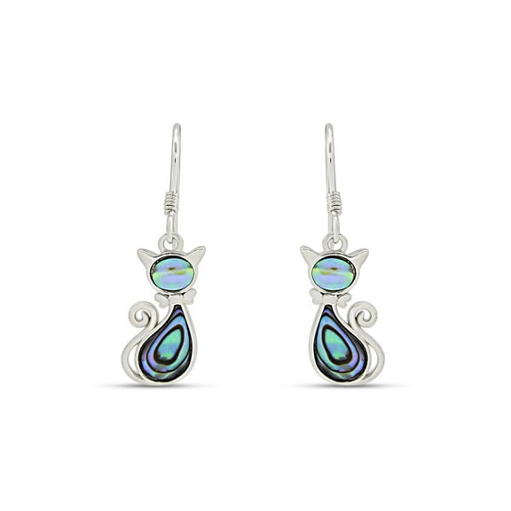 AFFY 14k White Gold Plated 925 Sterling Silver Natural Abalone Cat with Bow Dangle Earrings for Womens Jewelry Gift with fishhook