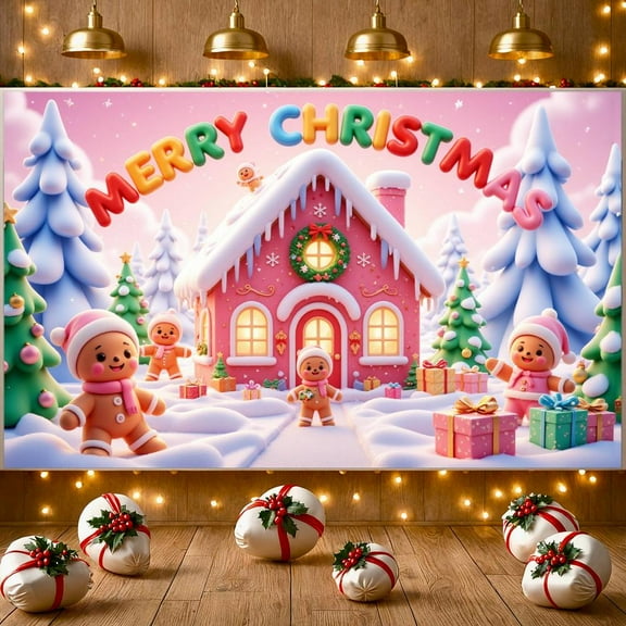 Pink Theme Christmas Banner Gingerbread Man Design Merry Christmas Banner Colorful Letters Gift Decor Xmas Banner for Christmas Party Indoor Decoration Family Gathering