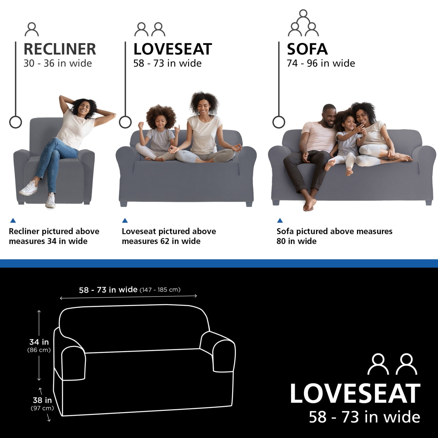 (2 pack) Mainstays Chenille Stretch-to-Fit Loveseat Fabric Slipcover,  for 2 People, 1-Piece, Blue