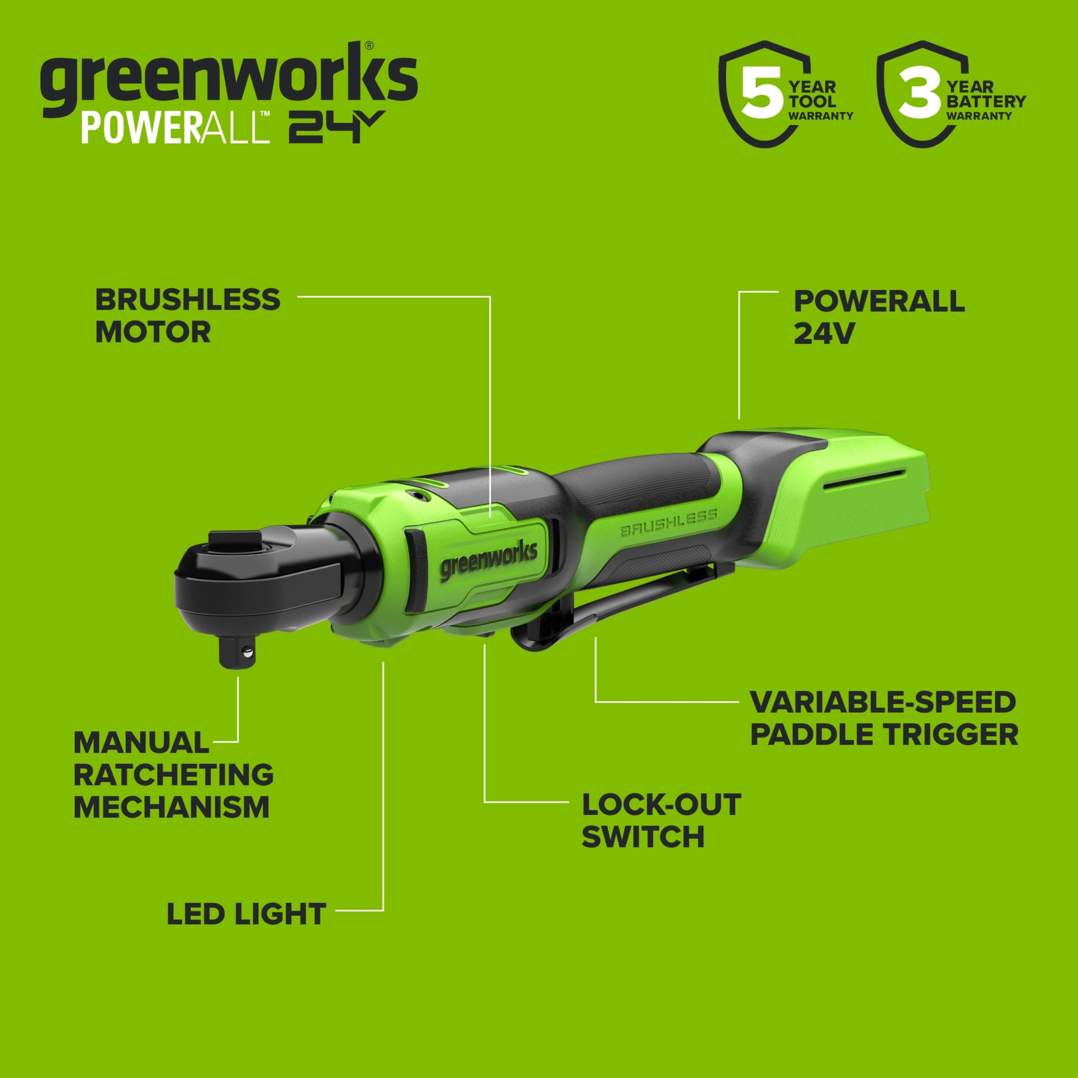Greenworks PowerAll 24V Brushless 60 ft-lb 3/8" Ratchet Wrench, 2Ah Battery and 30W Cable, RW380A1