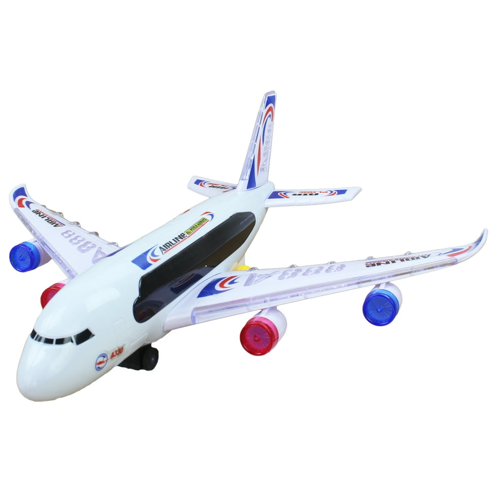 Battery Operated Bump and Go Light Up Toy Commercial Airplane, It Plays Music and It Makes Cool