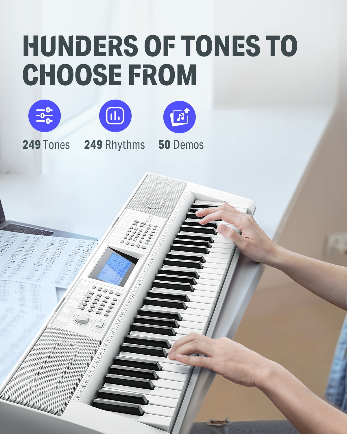 Donner Keyboard Piano 61 Key, Electric Keyboard Kit with 249 Voices - Includes Piano Stand, Stool, Microphone, Gift for Beginners, White (DEK-610S)