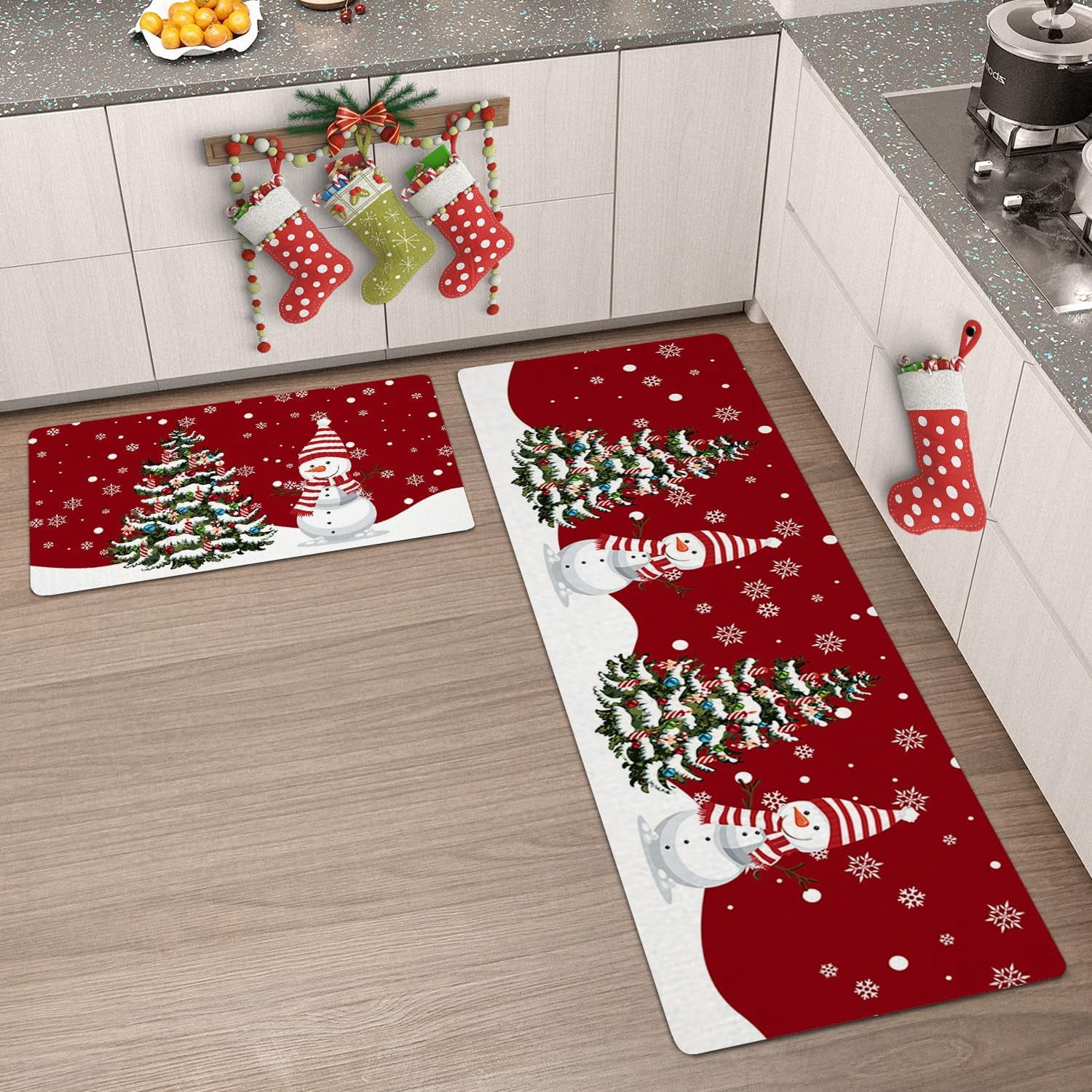Winter Cartoon Snowman Kitchen Rugs and Mats Non Skid Washable Floor Doormat, Christmas Tree Colorful Balls 2 Piece Comfort Sink Standing Rug Area Runner Non-Slip Rubber Backing Mat Snowflakes on Red